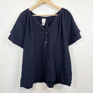 Joie Top Womens 1X Navy Gauze Cotton Blouse Short Sleeve Textured Button Boho